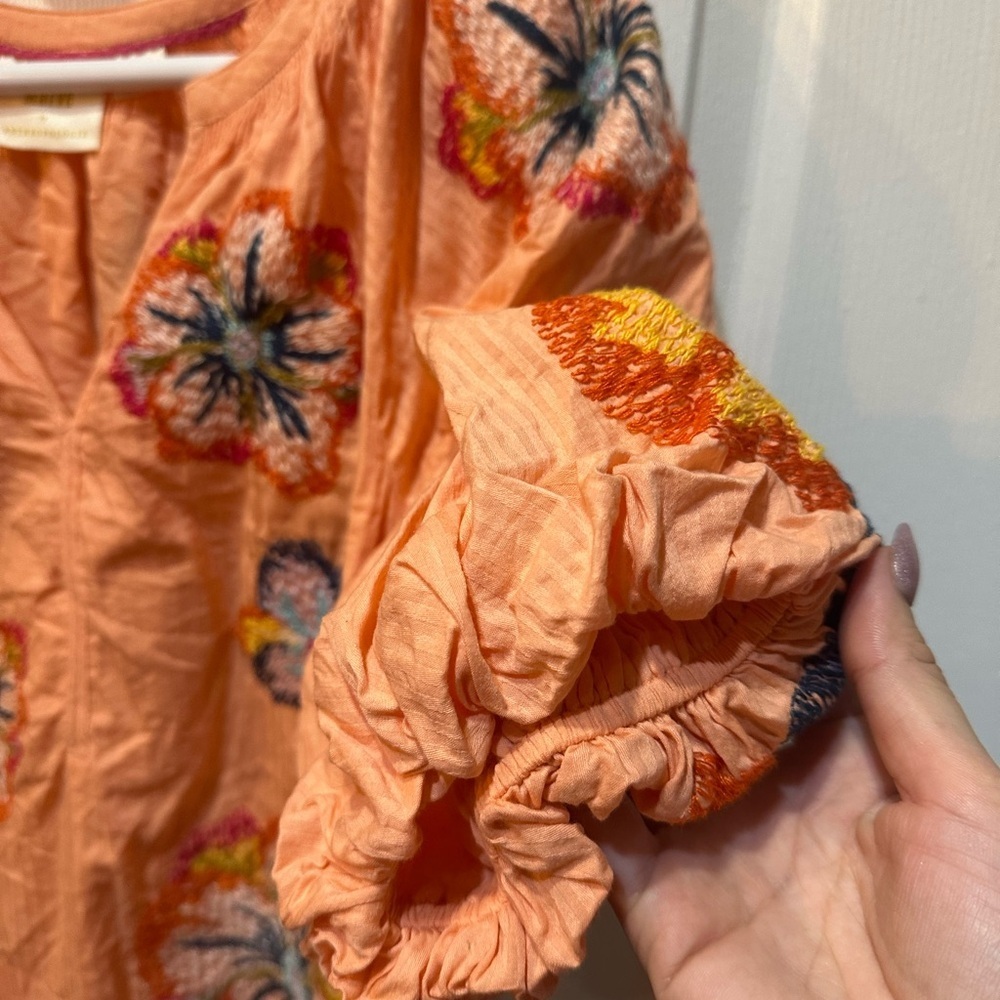 Maeve Anthropologie Peach Floral Embroidered Puff Sleeve Top Size XS - Picture 4 of 9